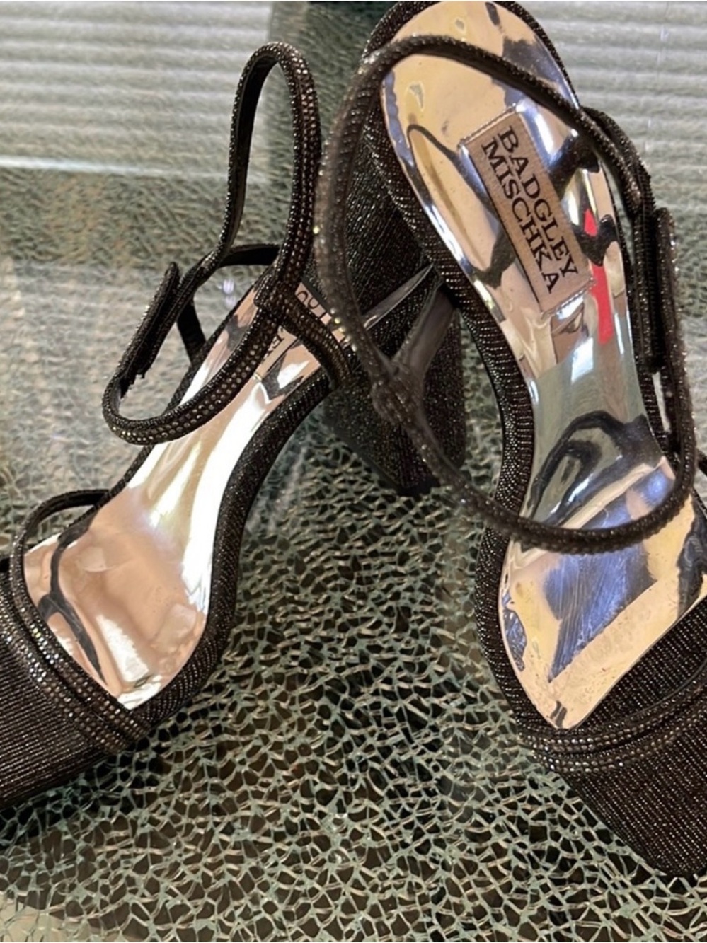 BADGLEY MISCHKA Glitter Blogk Heel with Bejeweled Strap